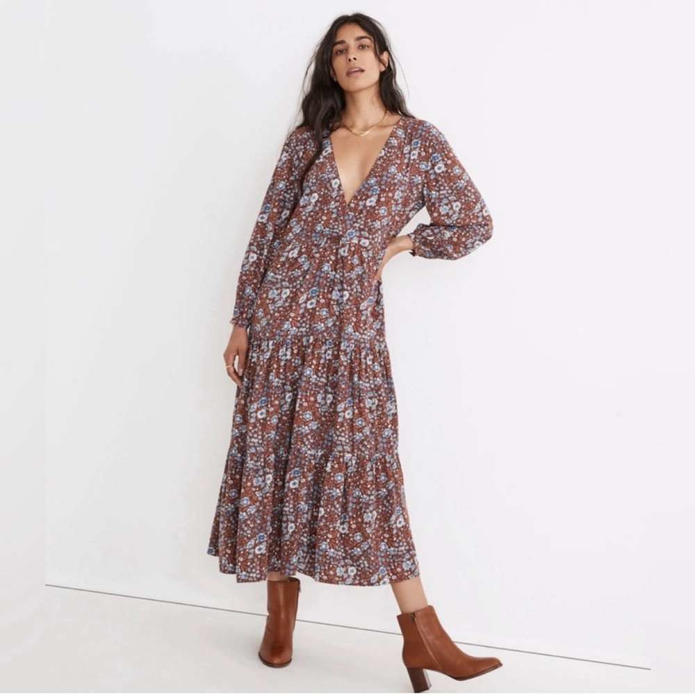 Madewell Floral Midi Dress in Brown and Blue
